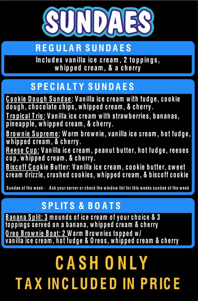 Ice Cream Sundaes Bananna Splits original hawaiian snoball menu
