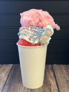 Snoball with cotton candy flavor and marshmallow at the Original Hawaiian Island Snoball Stand Best of Baltimore on Liberty Rd, MD